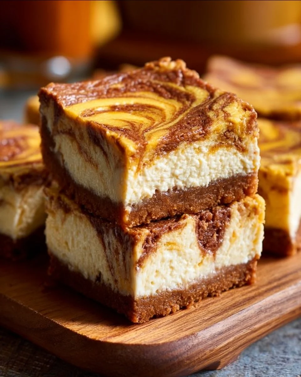 Delicious Marbled Pumpkin Maple Cheesecake Bars topped with maple syrup