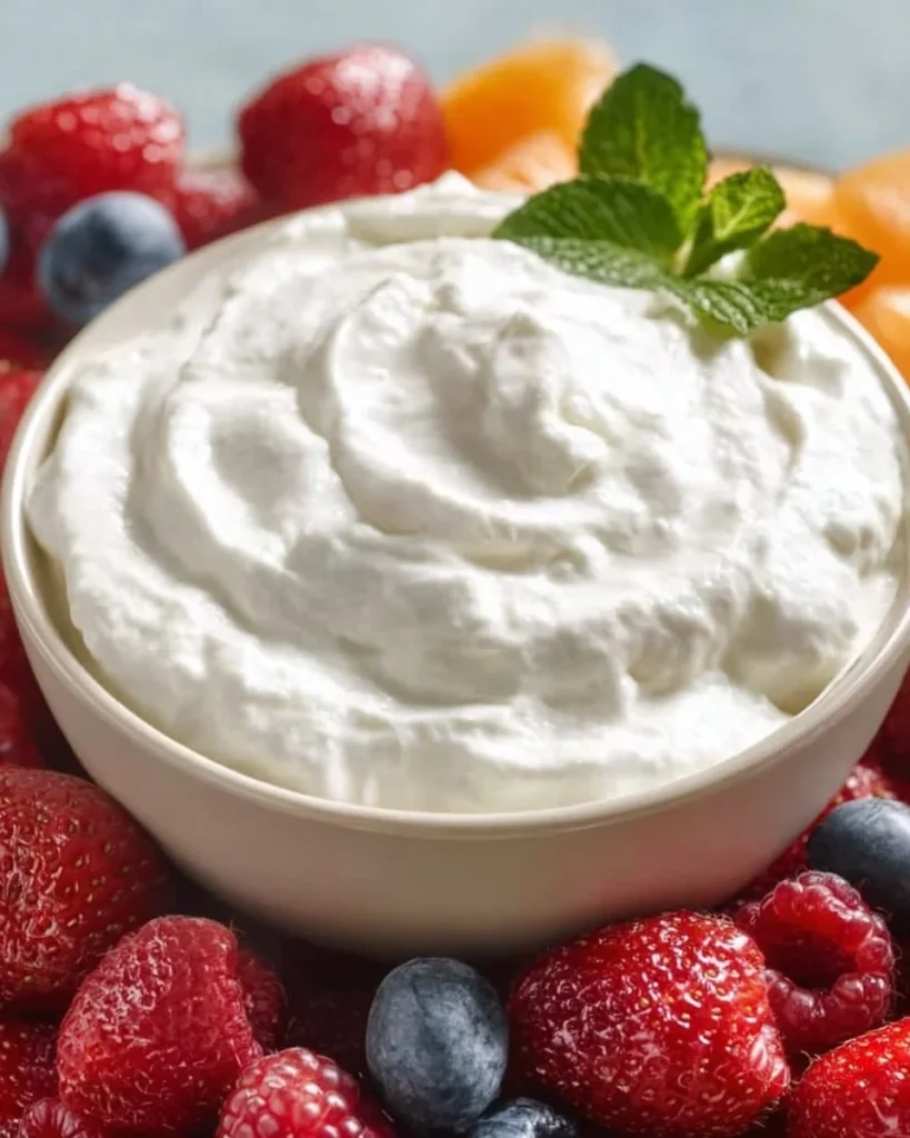 Delicious marshmallow fruit dip served with fresh fruit slices