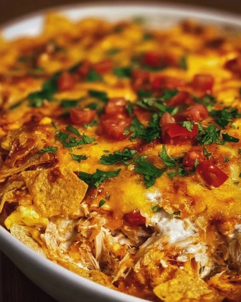 Delicious Mexican White Trash Casserole topped with cheese and ingredients.