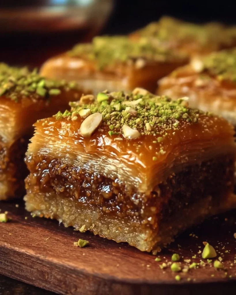 Moist Baklava Cake topped with nuts and honey syrup slice served on a plate