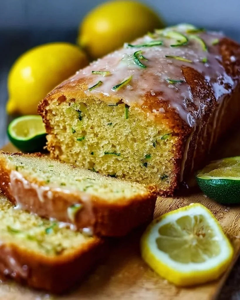 Moist and zesty lemon zucchini bread sliced and served on a plate
