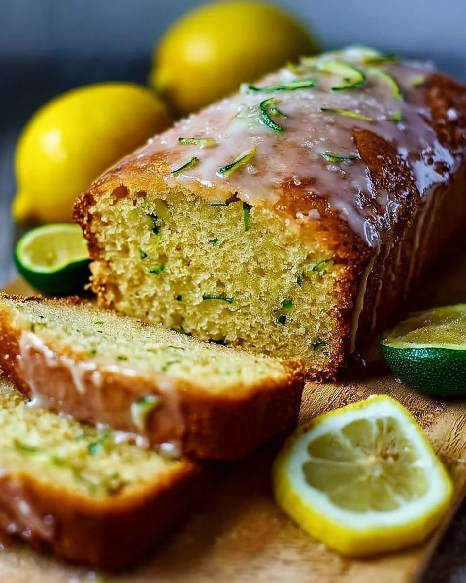 Moist and zesty lemon zucchini bread sliced and served on a plate