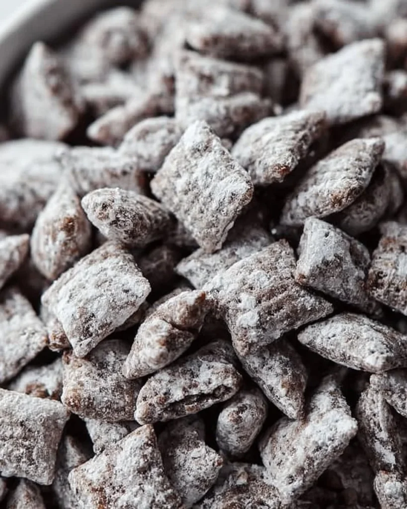 Bowls of homemade Muddy Buddies snacks with chocolate and peanut butter coating