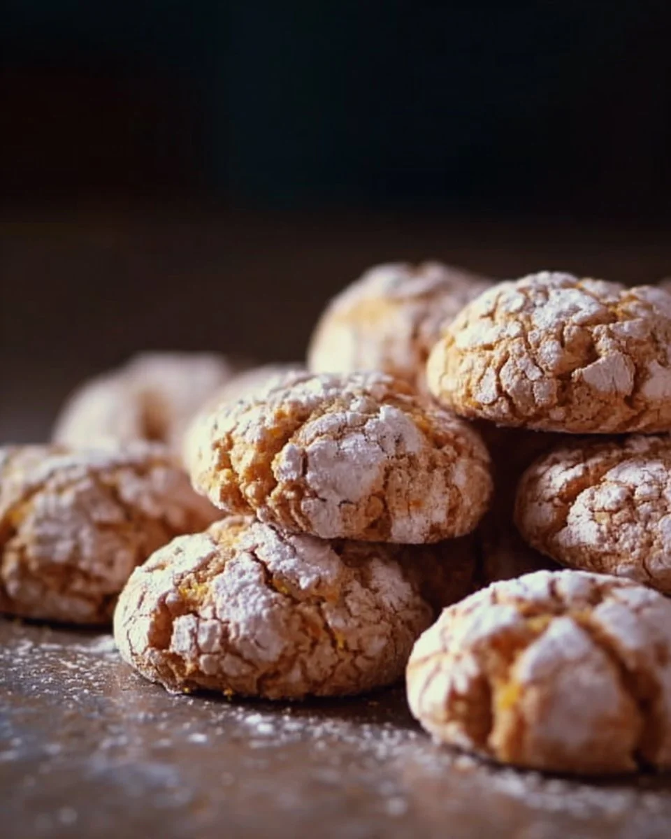 Chewy amaretti cookies freshly baked and presented on a plate.