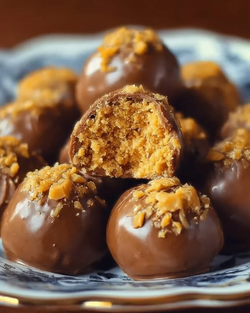 Delicious no-bake Butterfinger Balls on a white plate.