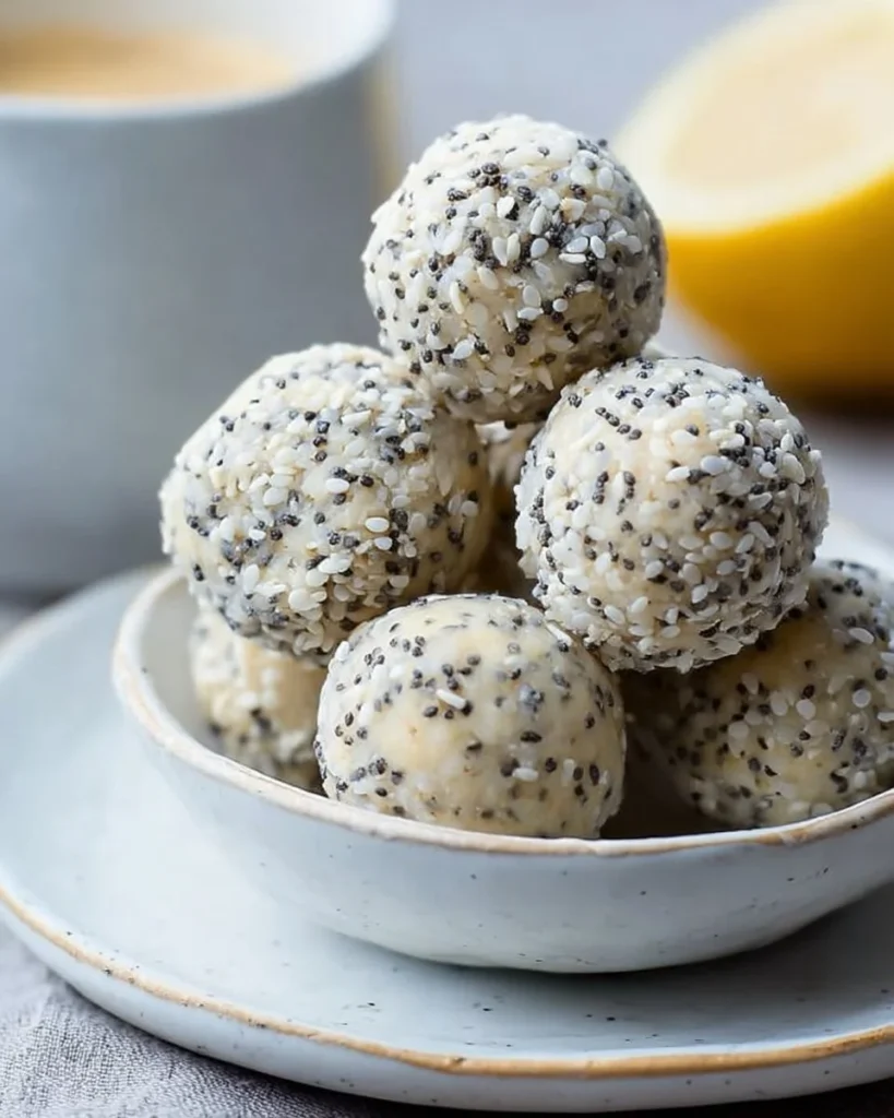Delicious no-bake lemon poppyseed protein balls on a white plate