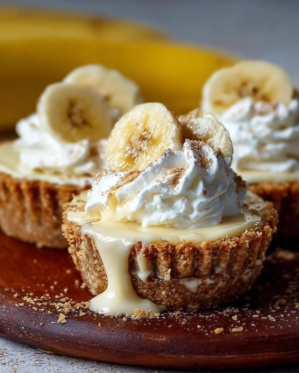 No-bake mini banana cream pies topped with whipped cream and banana slices