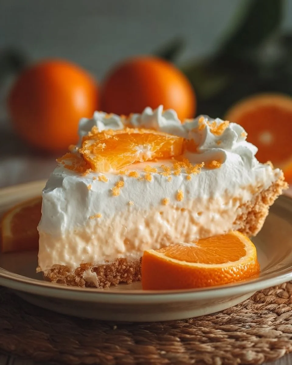 No-bake orange creamsicle pie topped with whipped cream and orange slices