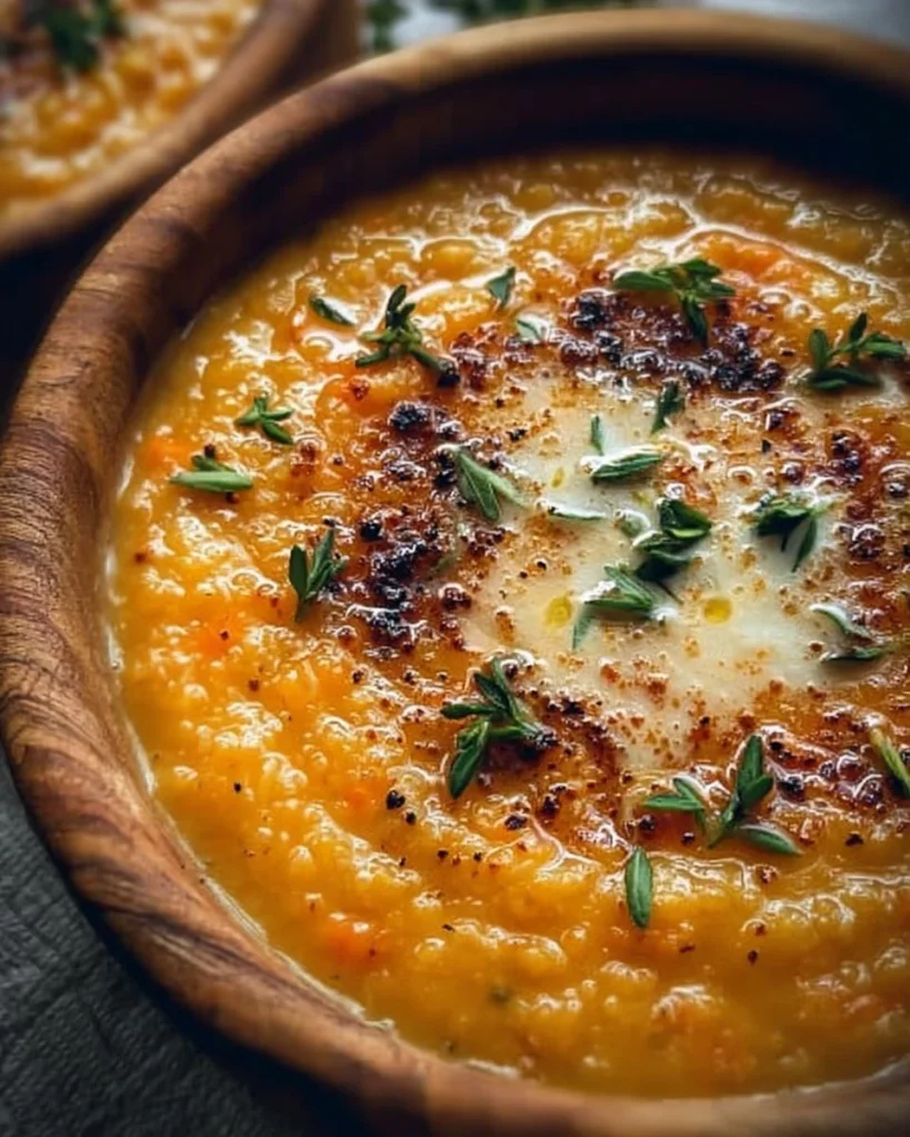Bowl of creamy carrot lentil soup topped with fresh herbs and a sprinkle of spices