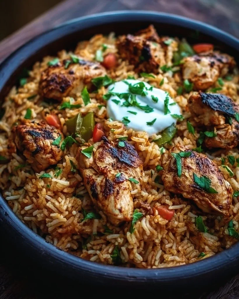 One Pot Shawarma Chicken and Rice served in a bowl with herbs and spices