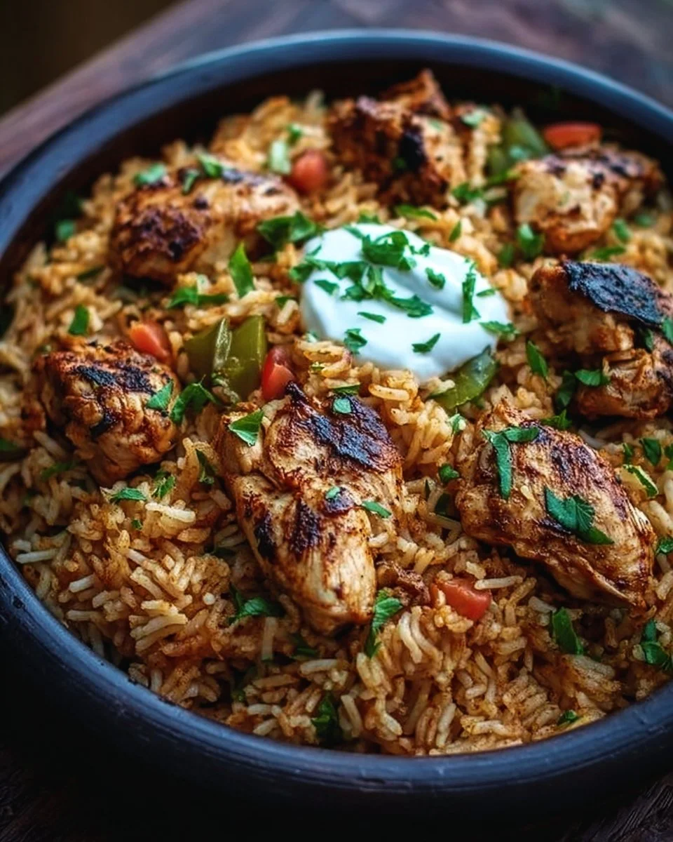 One Pot Shawarma Chicken and Rice served in a bowl with herbs and spices