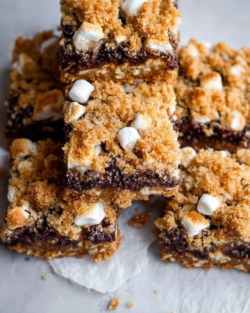 Decadent S'mores Crumble Bars with gooey chocolate and marshmallows