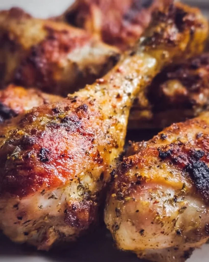 Juicy oven baked chicken legs served on a plate
