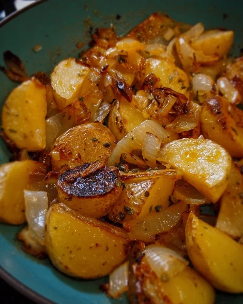 Oven fried potatoes with onions, golden and crispy, ready to serve.