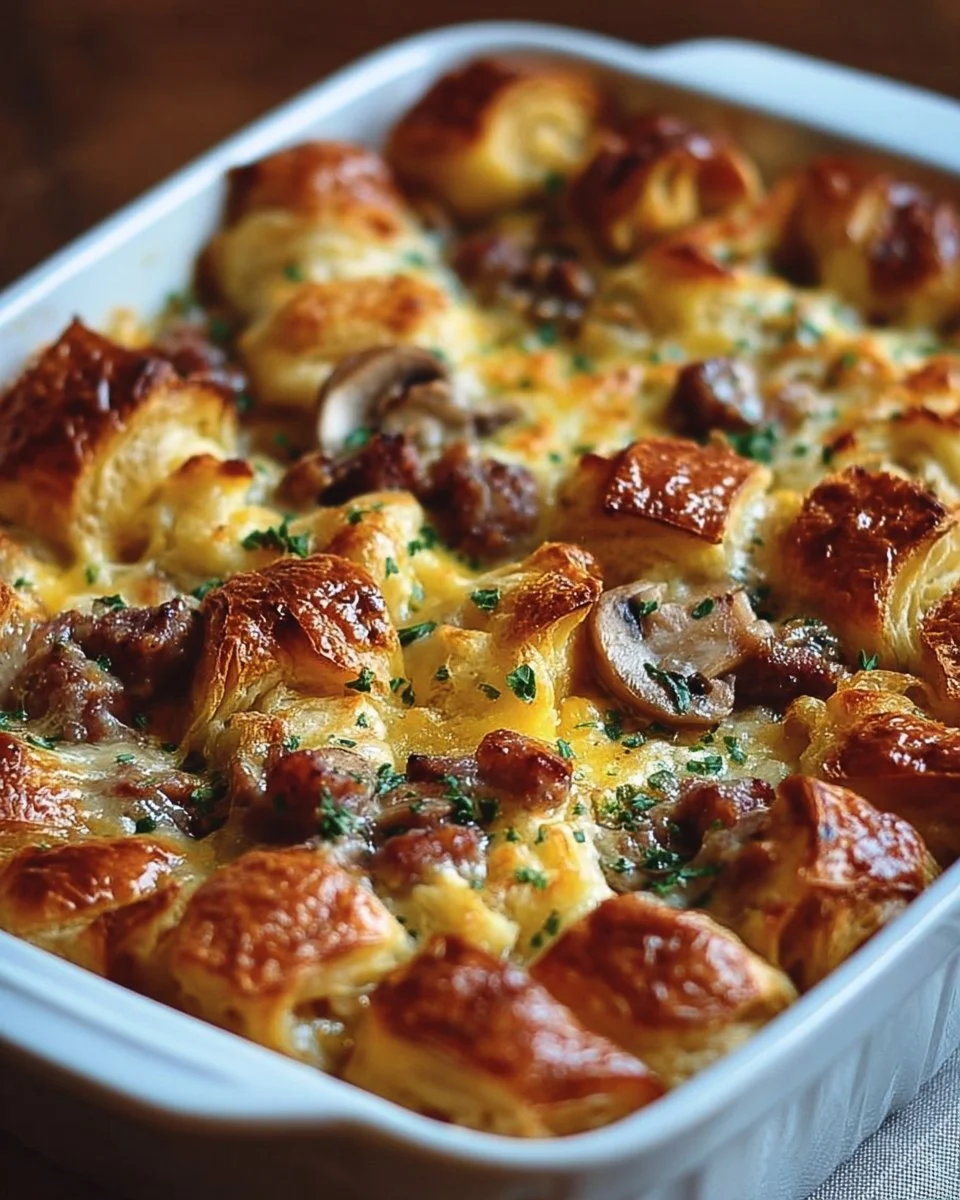 Overnight croissant breakfast casserole baked with eggs and cheese