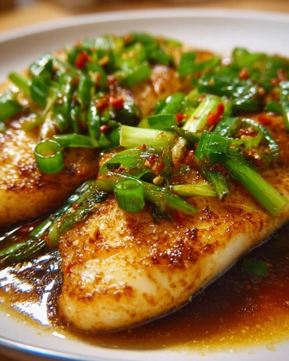 Plate of pan-fried fish garnished with ginger and scallions