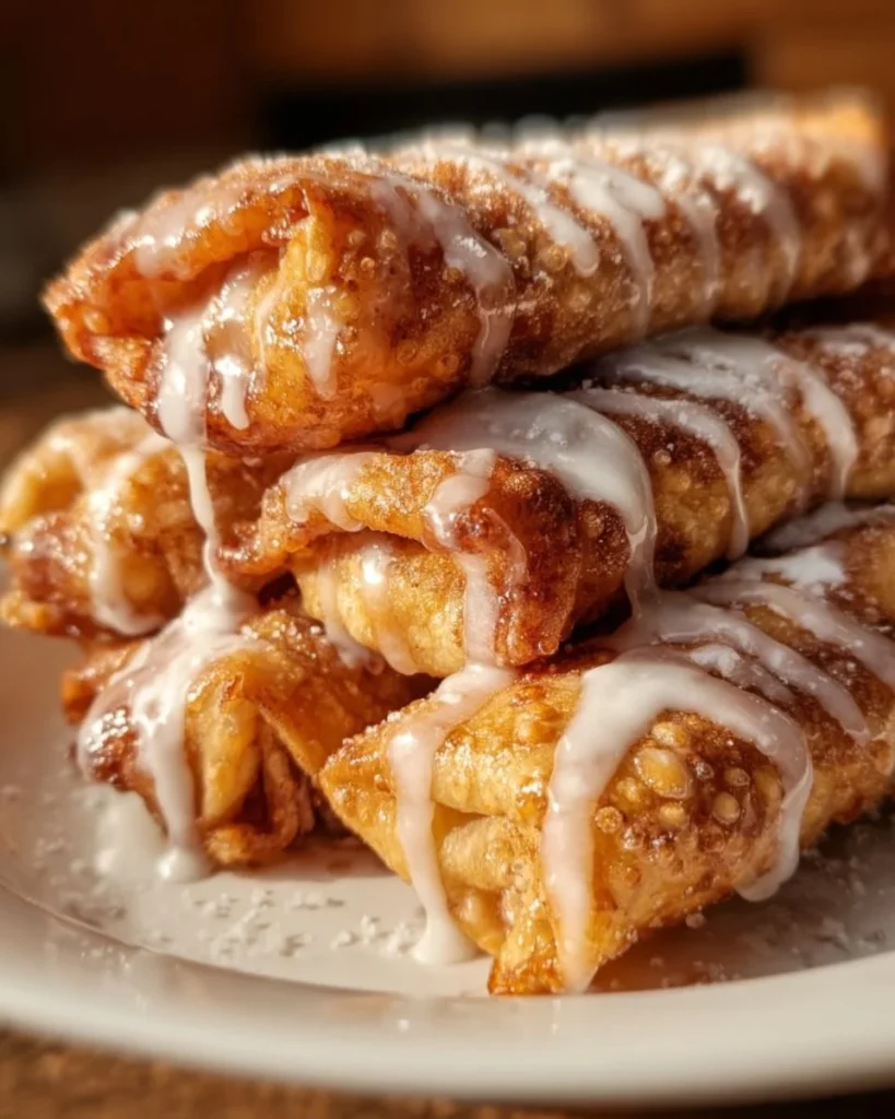 Delicious peach cobbler egg rolls served on a plate with fresh peaches