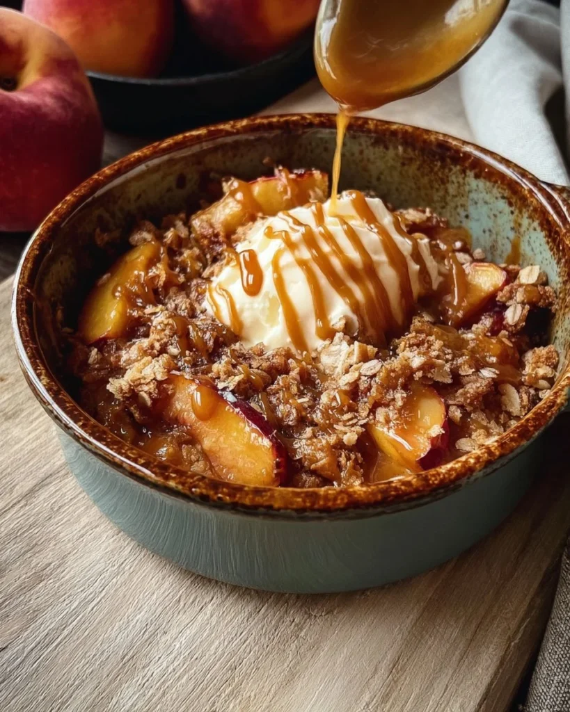 Delicious peach crisp topped with salted coconut milk caramel, served warm.