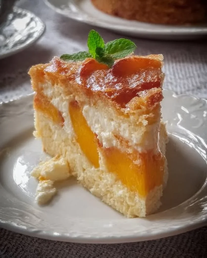 Slice of Peaches and Cream Cake garnished with fresh peaches and whipped cream
