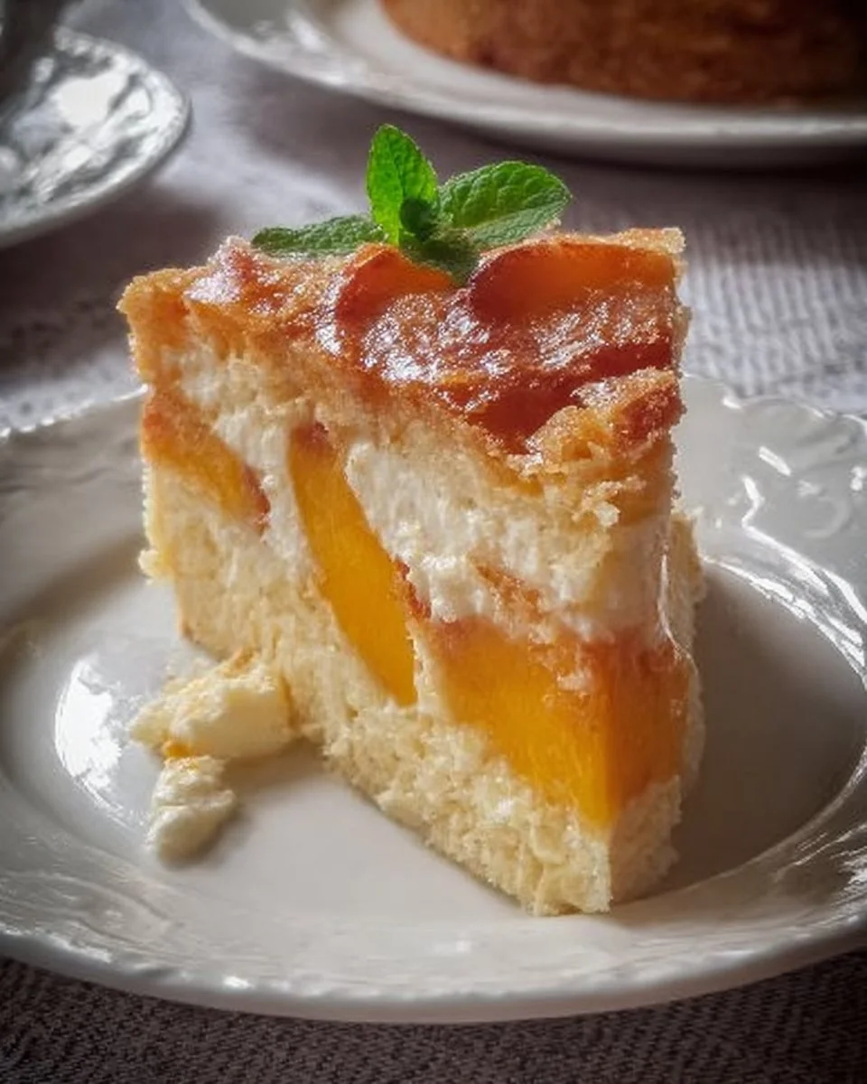 Slice of Peaches and Cream Cake garnished with fresh peaches and whipped cream
