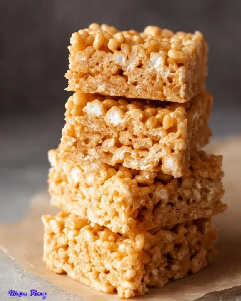 Peanut Butter Rice Krispie Treats stacked on a plate, perfect for snacking.