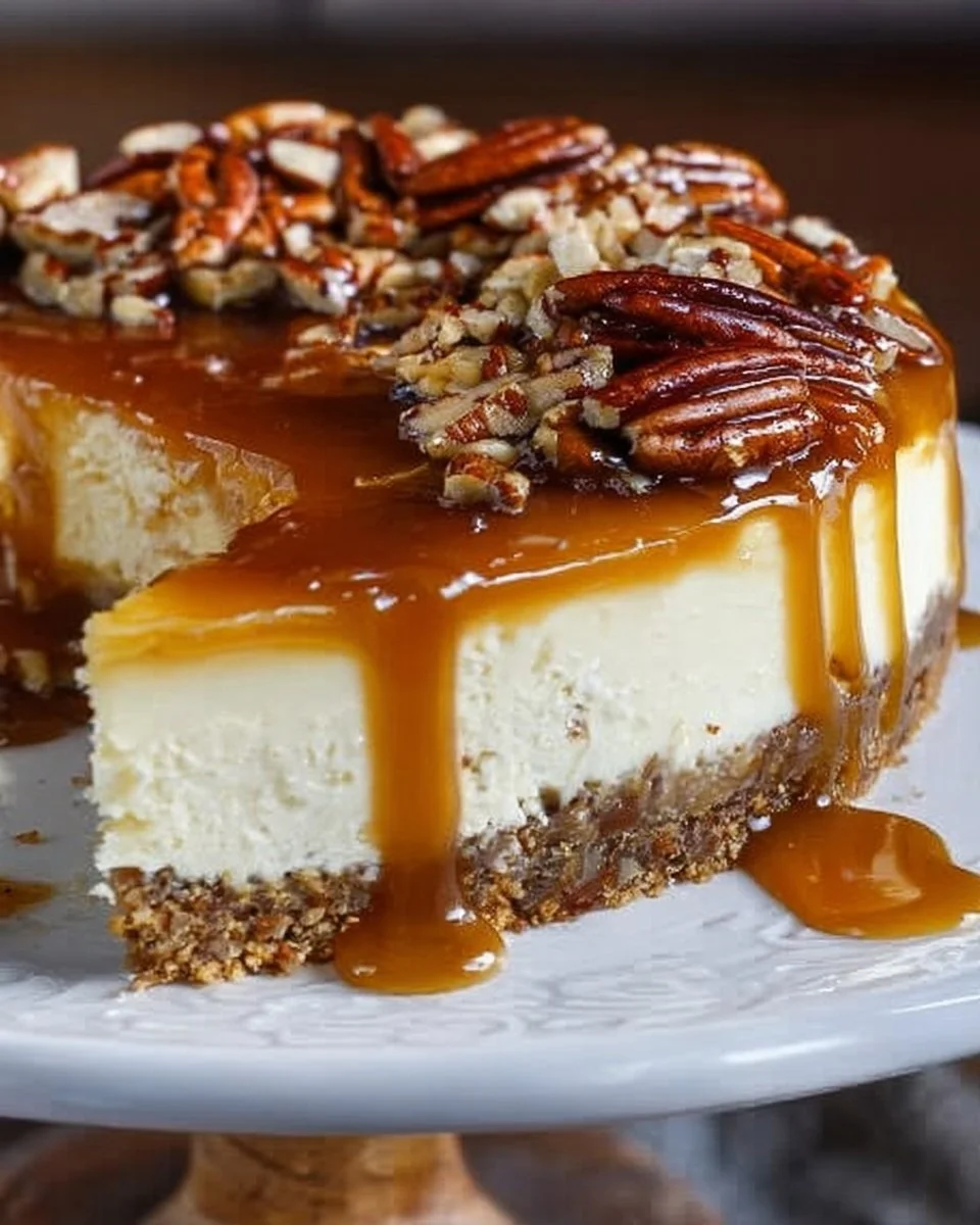 Delicious Pecan Caramel Cheesecake topped with caramel sauce and pecans.