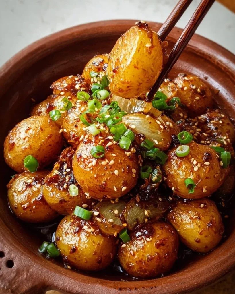 Delicious Korean Braised Potatoes (Gamja Jorim) served in a bowl.