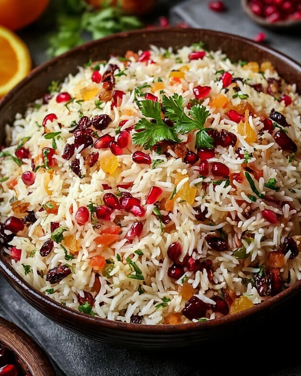 A vibrant bowl of Persian Jeweled Rice topped with nuts and fruits.
