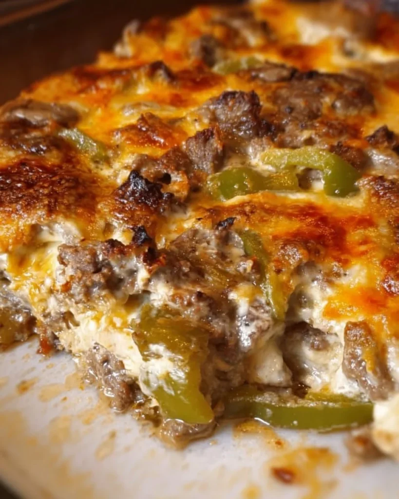 Delicious Philly cheese steak casserole served with toppings