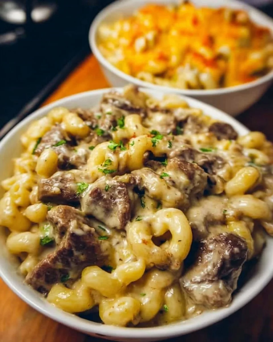 Delicious Philly cheesesteak macaroni and cheese topped with cheese and beef