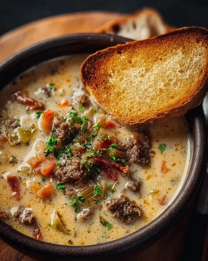 Philly Cheesesteak Soup, a hearty dish combining classic flavors in a warm bowl.