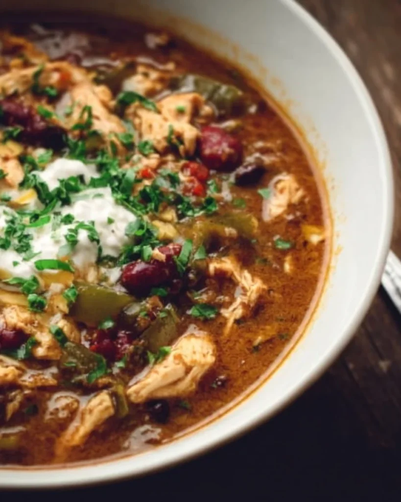 Bowl of flavorful poblano chicken chili garnished with cilantro and cheese