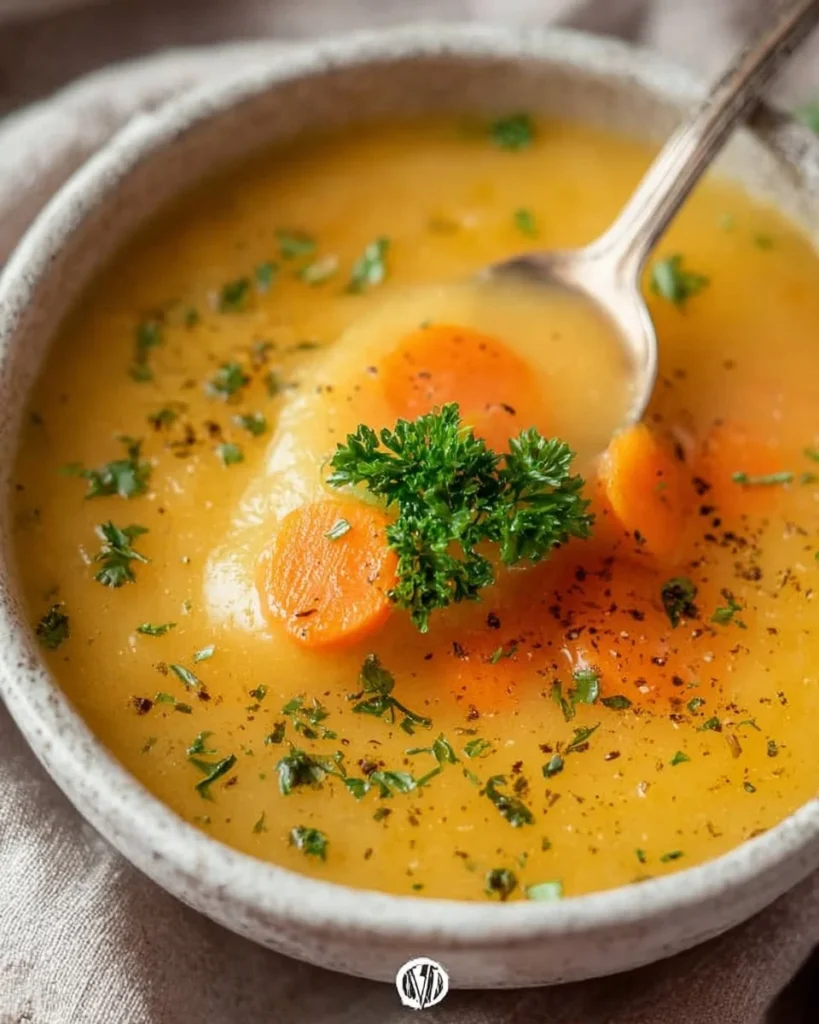 Bowl of homemade Potato Carrot Soup garnished with fresh herbs