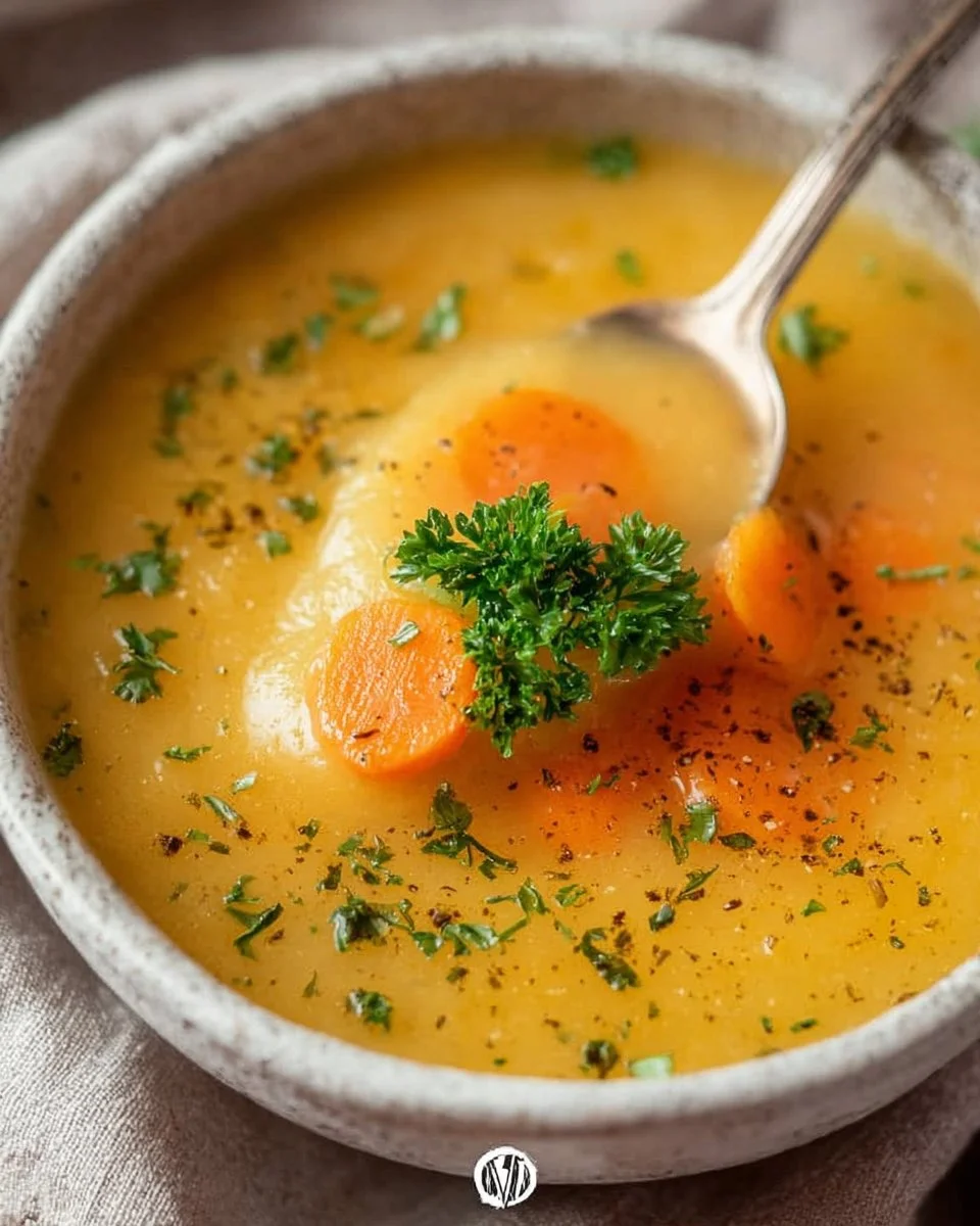 Bowl of homemade Potato Carrot Soup garnished with fresh herbs