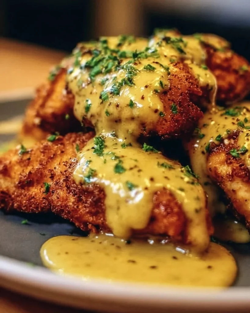 Plate of Pretzel Chicken garnished with Mustard-Cheddar Sauce