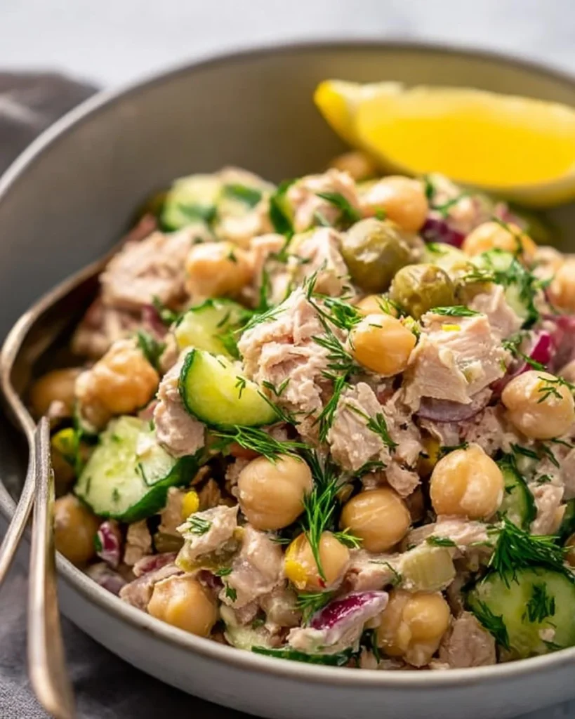 Protein-packed tuna garbanzo bean salad in a bowl.