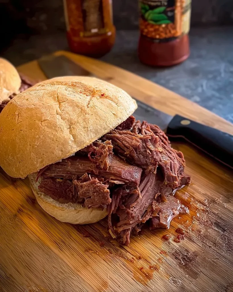 Delicious pulled beef sandwich served with fresh toppings on a bun