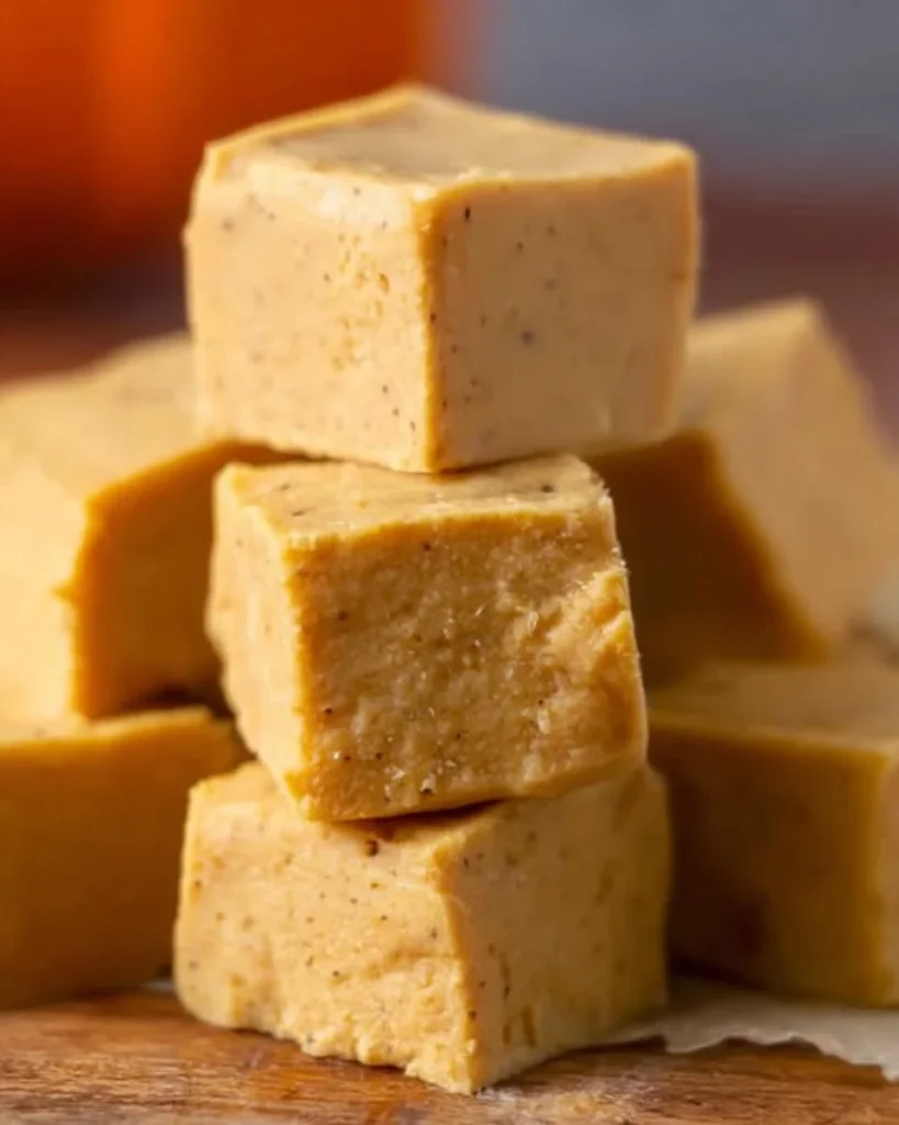 Delicious homemade pumpkin fudge on a rustic wooden table