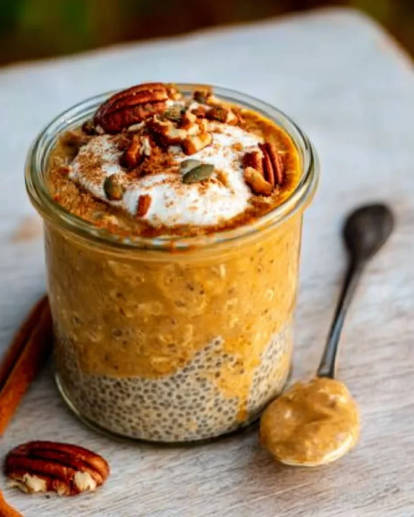 Bowl of pumpkin pie overnight oats with chia seeds and spices