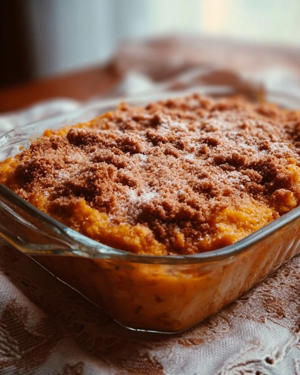 Delicious quick pumpkin dump cake served in a rustic dish with festive autumn decorations.