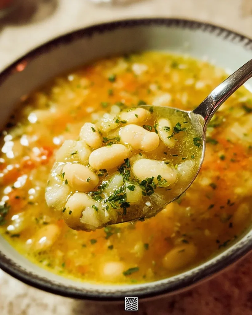 Bowl of quick white bean soup garnished with herbs