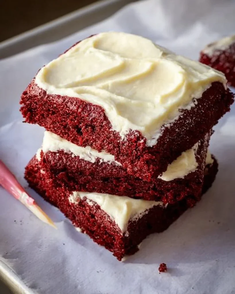 Delicious red velvet brownies topped with cream cheese frosting