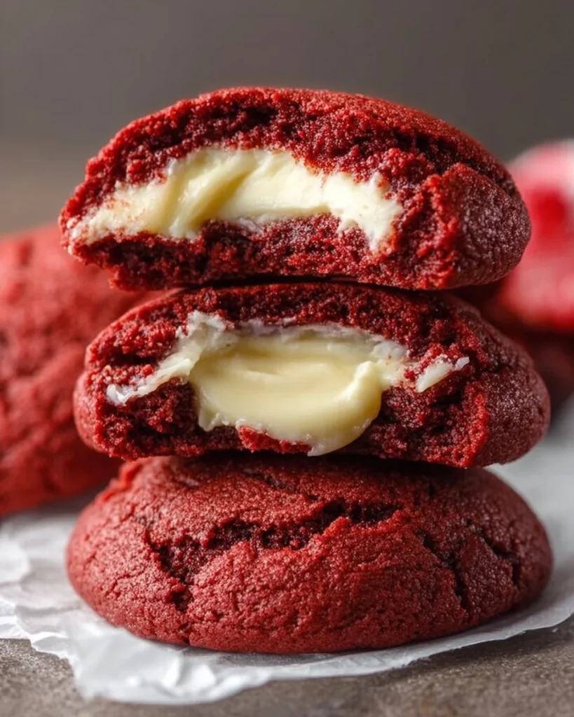 Red Velvet Cheesecake Stuffed Cookies with cream cheese filling