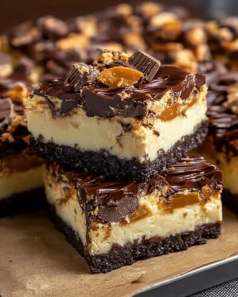 Delicious Reese’s Butterfinger Cheesecake Bars topped with chocolate and Butterfinger pieces