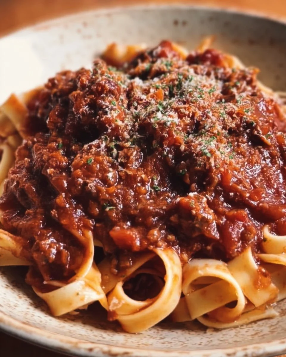 A delicious bowl of rich beef ragu pasta sauce served with noodles.