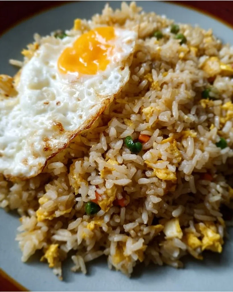 Delicious plate of ridiculously good egg fried rice with vegetables and eggs