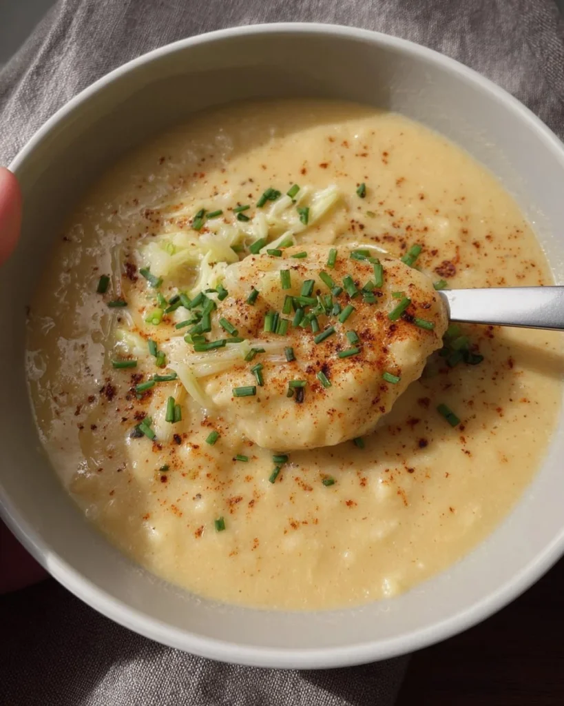 Bowl of roasted garlic cheddar cauliflower soup topped with herbs