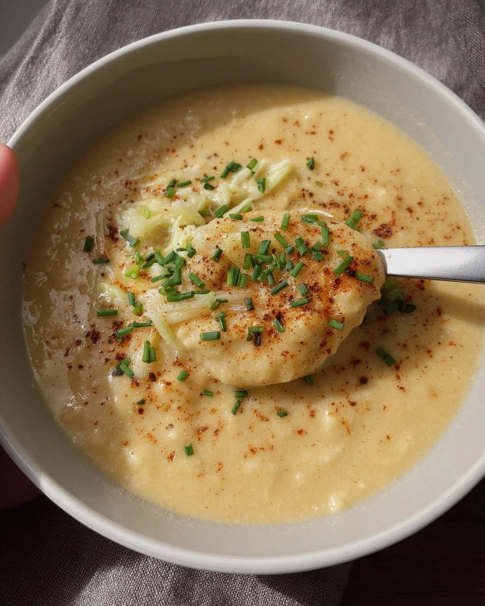 Bowl of roasted garlic cheddar cauliflower soup topped with herbs
