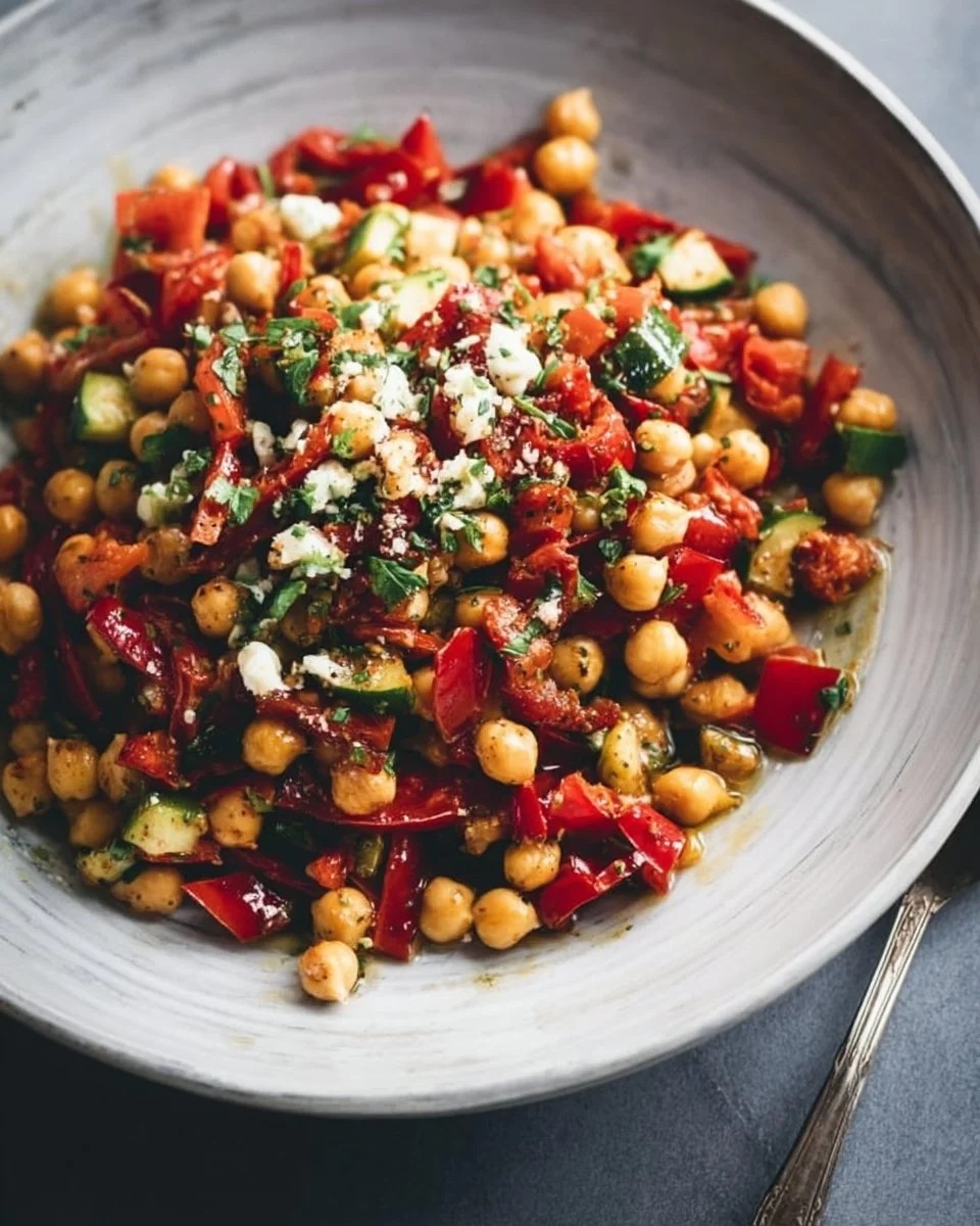 Delicious Roasted Red Pepper & Chickpea Salad in a bowl