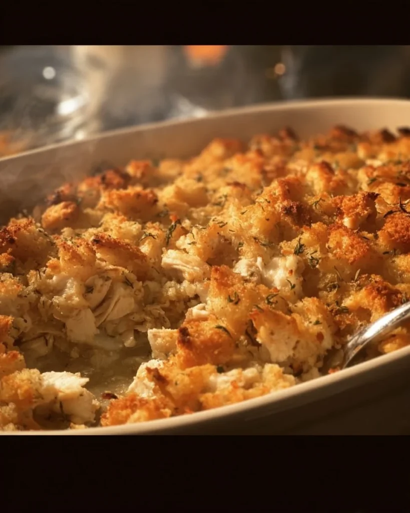 Rotisserie chicken and stuffing casserole served in a baking dish